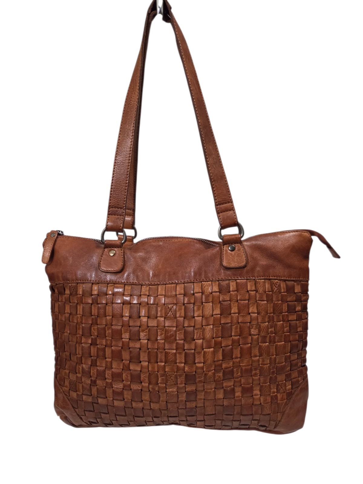 Vilenca Holland Woven Shoulder Bag Laptop Tote Travel Brown Soft Leather Purse
