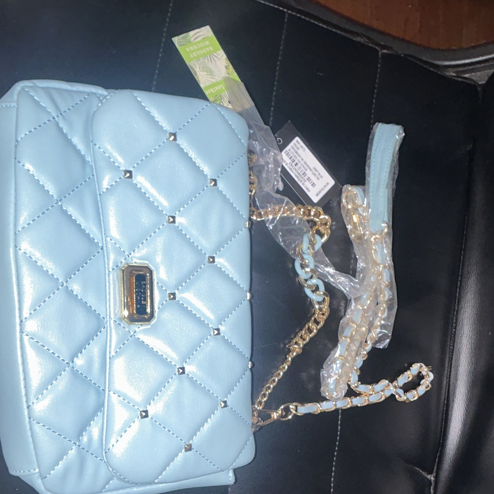 Badgley Mischka Light Blue Quilted Small Crossbody Gold Chain Zip Detachable