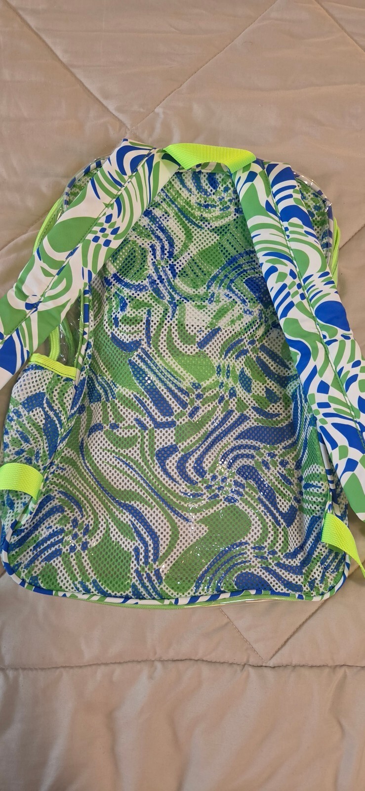 NEW Clear Green and Blue Patterned Small Backpack with Mesh and Zipper Pockets