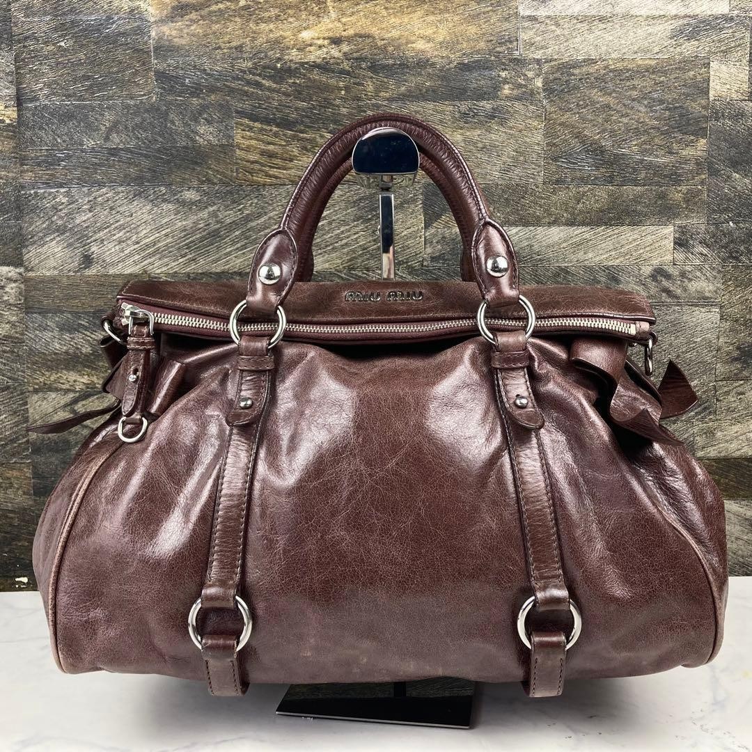 Miu Miu Vitello Lux Ribbon 2way Shoulder Bag Handbag Leather Brown Auth Used