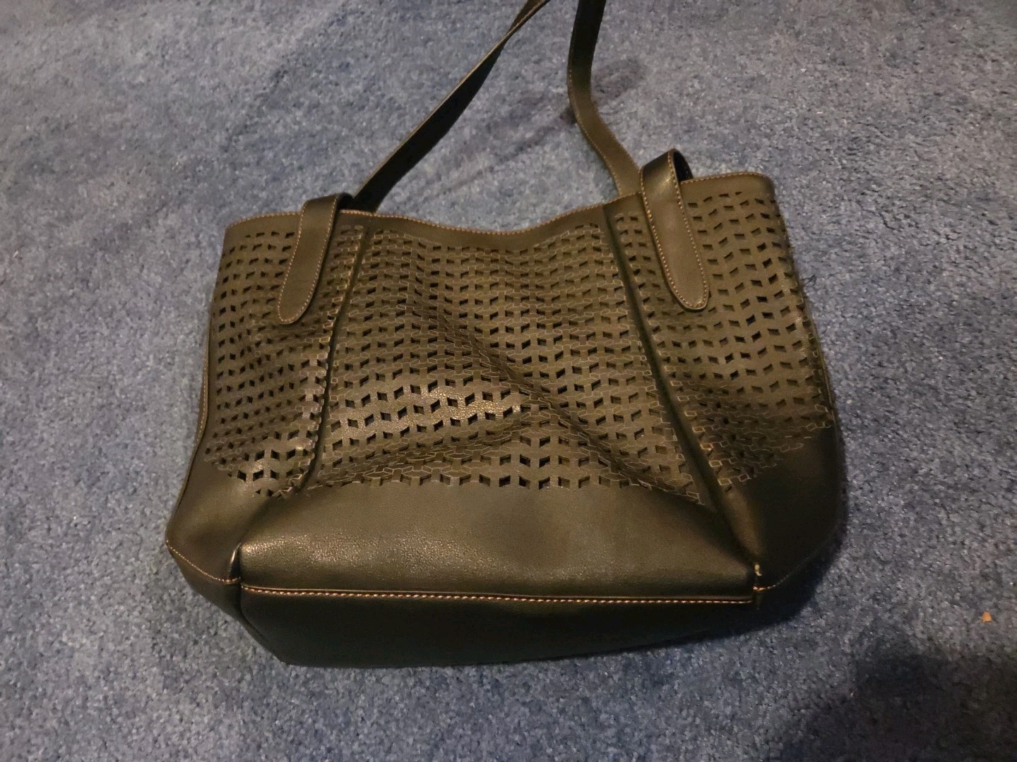 CHAPS Large Black Fabric/Faux Leather Handbag Double Handals 3 Compartments