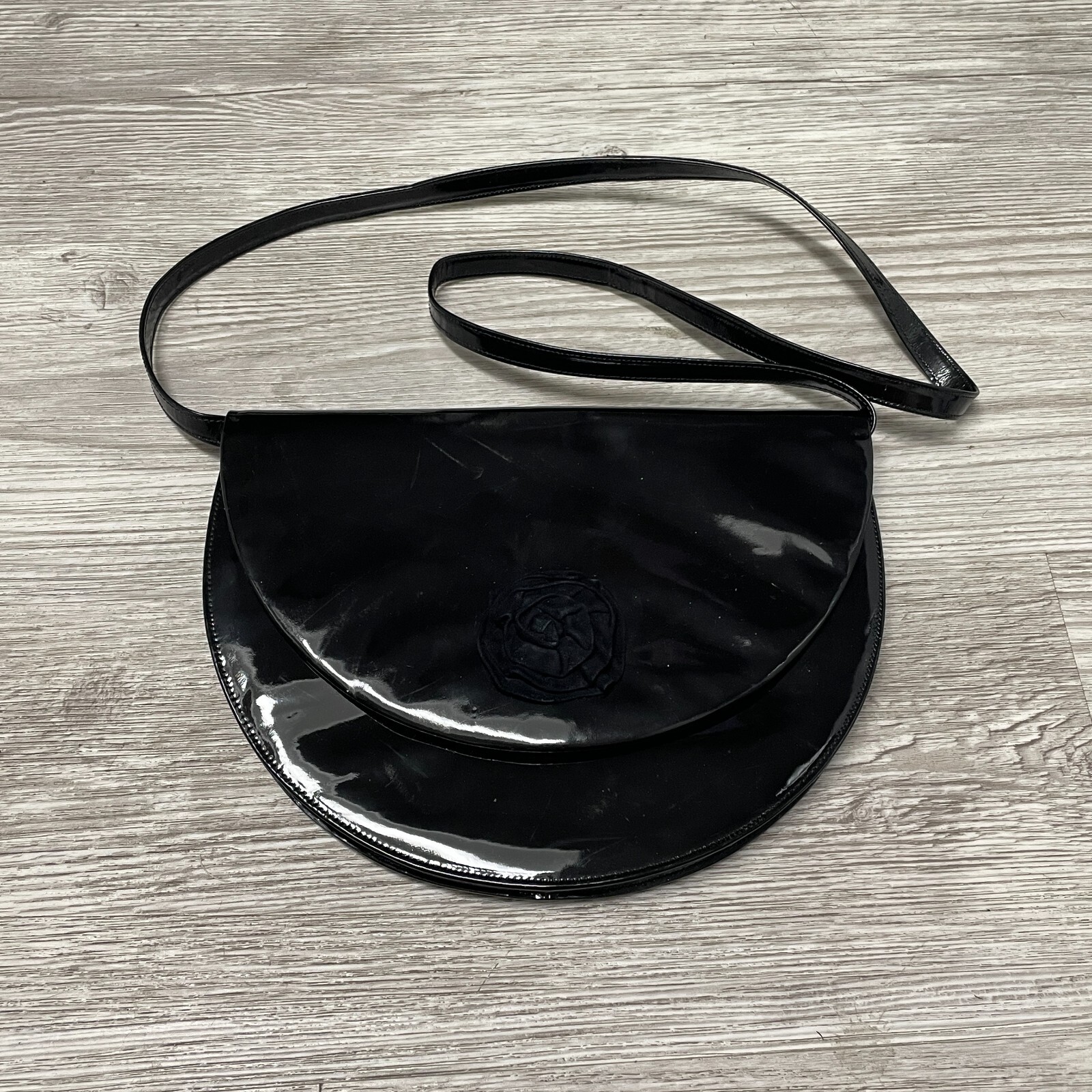 Vintage 1980s Charles Jourdan Paris Flower Black Patent Leather Crossbody Purse