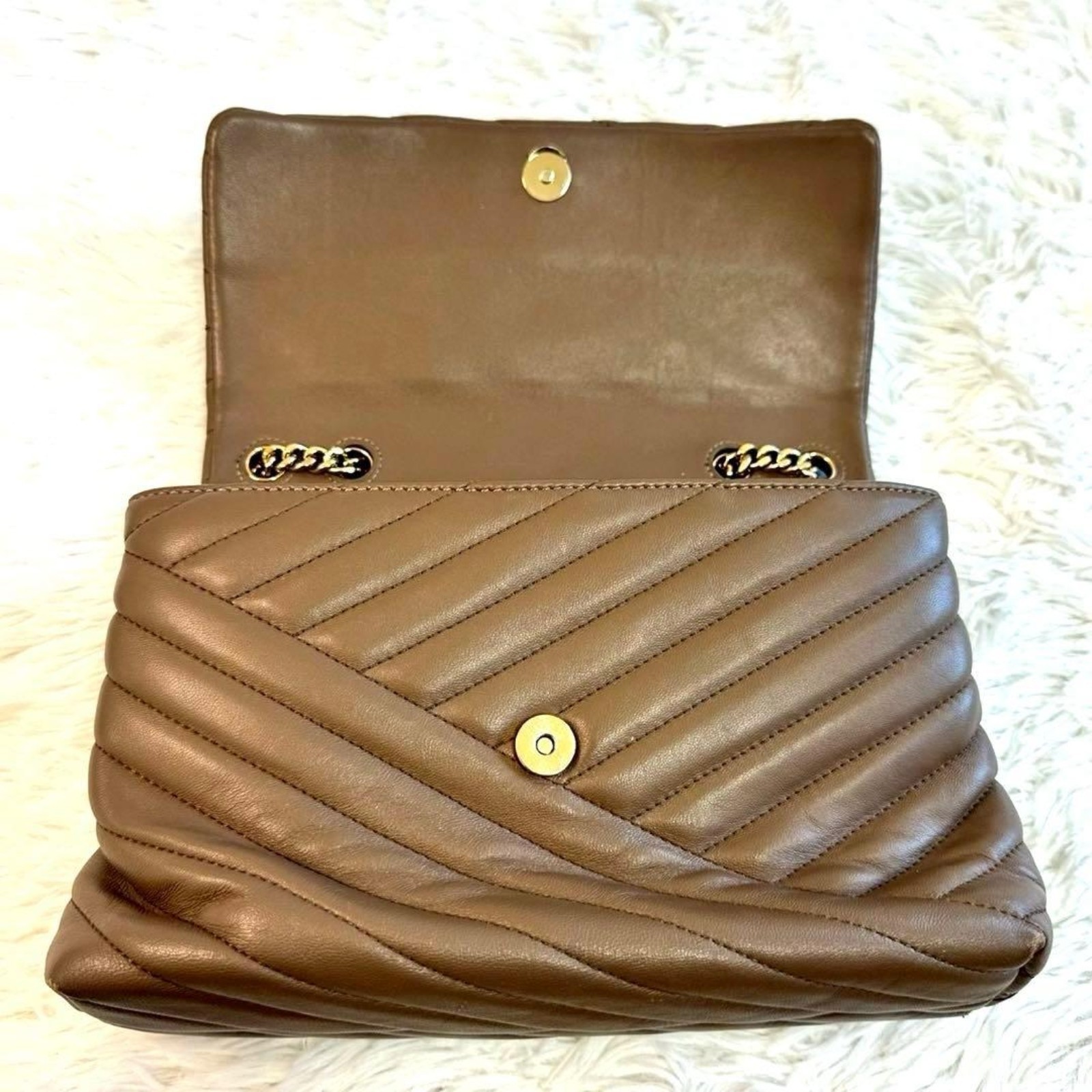 Tory Burch Kira Chevron Convertible Shoulder Bag Brown Leather Gold Chain EUC