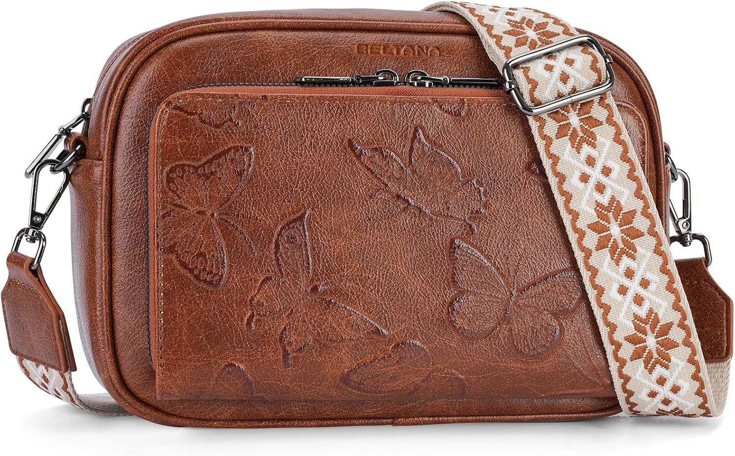 Women’S Vegan Leather Crossbody Purse with Built-In Wallet, Butterfly Design, Ad