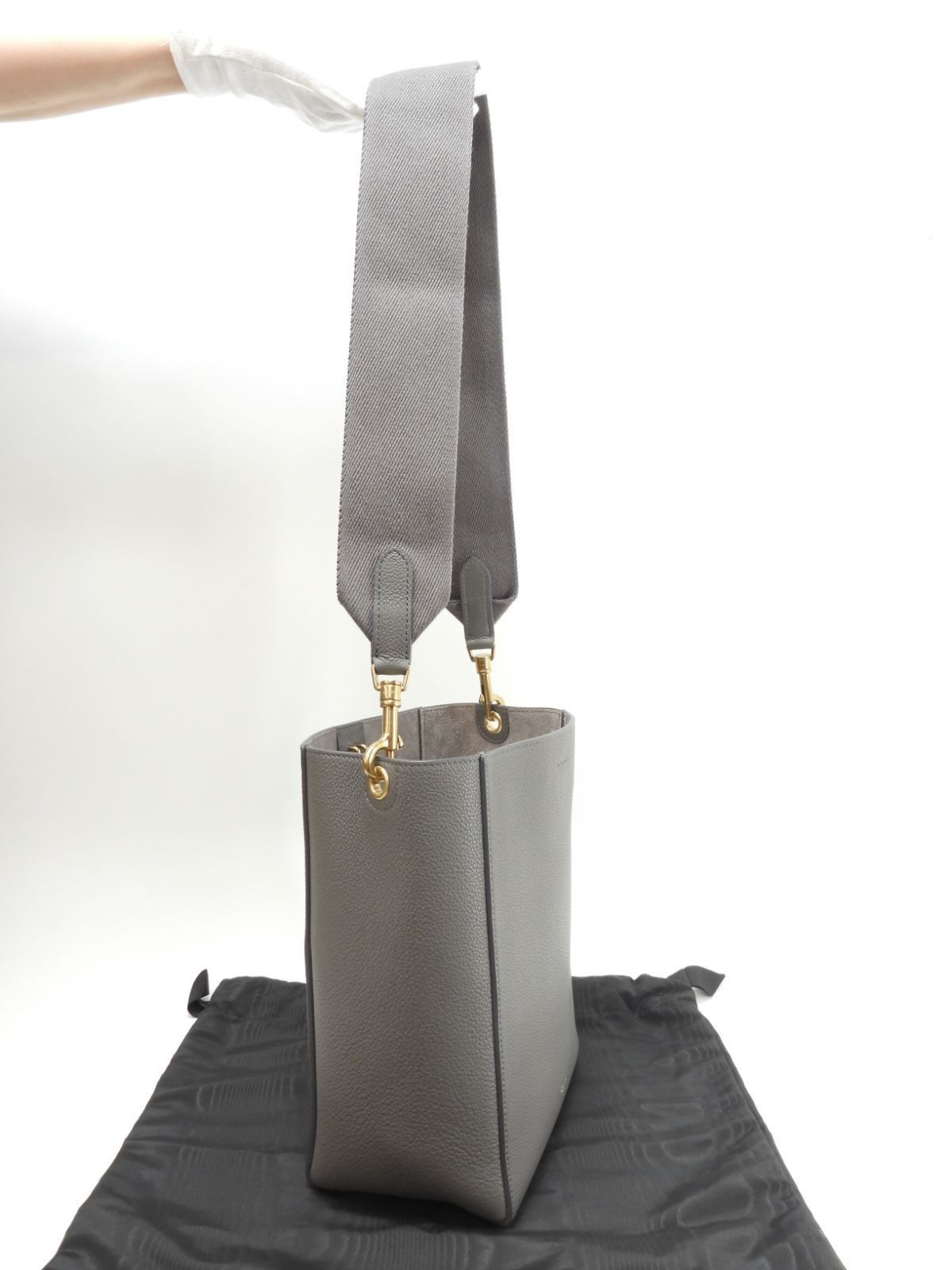 Celine Sangle Bucket Small Gray Leather Semi Shoulder Bag Grained Calfskin Gold