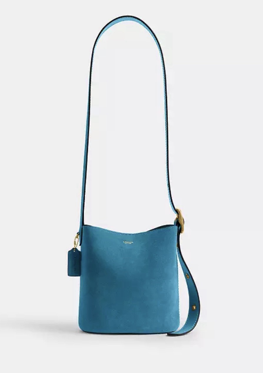NWT COACH Sealed Bleecker Bucket Bag 21 X-body Brass/Sea Blue Suede CCW84 +Pouch