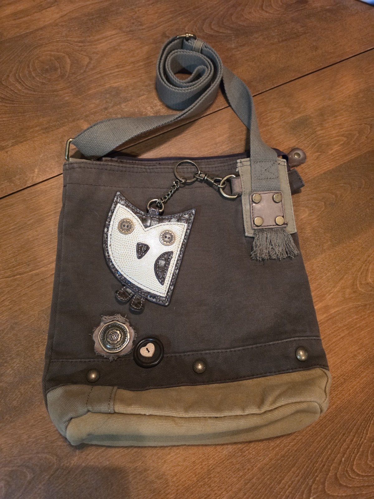 CHALA two toned brown canvas crossbody bag with adorable owl change purse