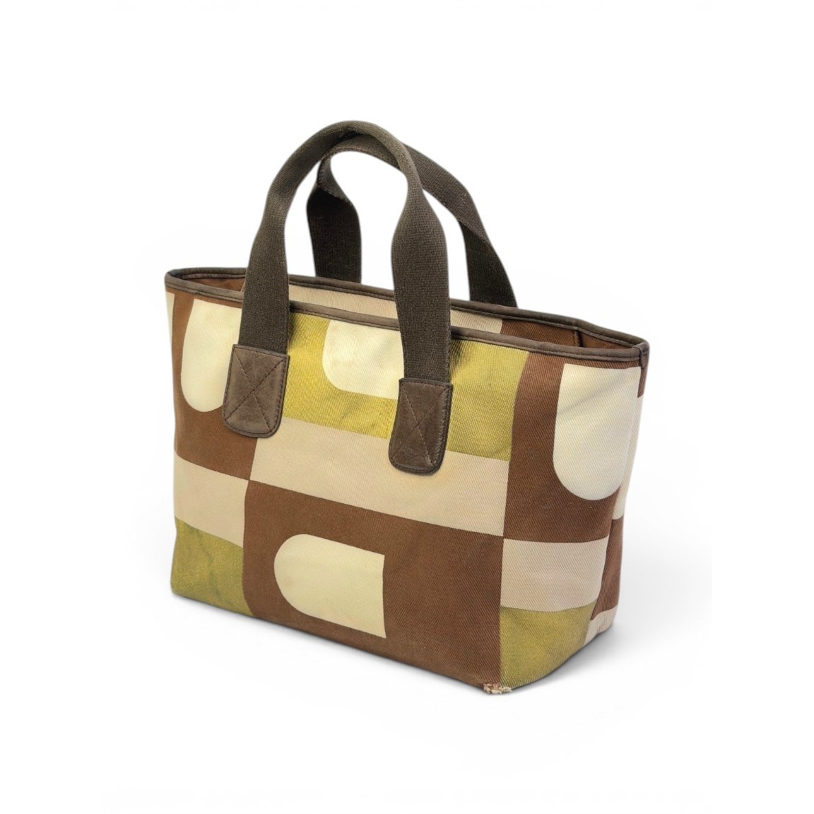Vintage Bally Geometric Print Canvas Brown Cream Green Y2K Tote Bag