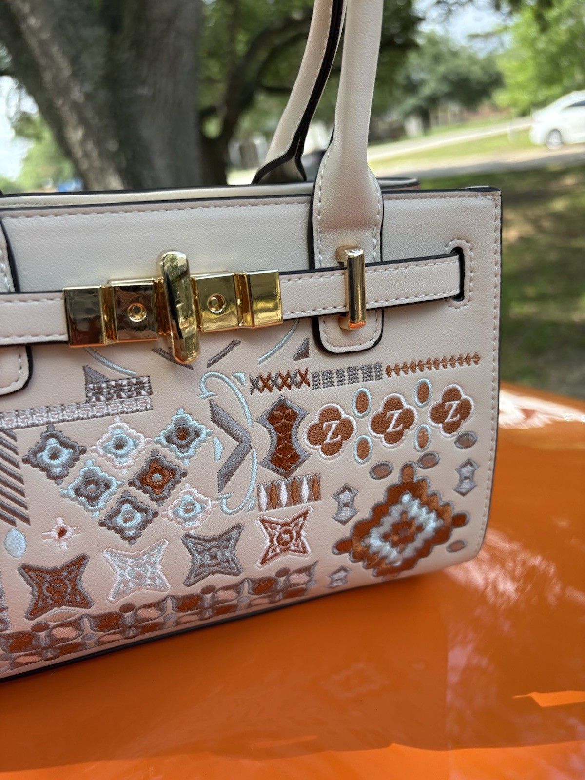 Embroidered Satchel Top Handle Bag Gold Hardware Detachable Strap Padlock