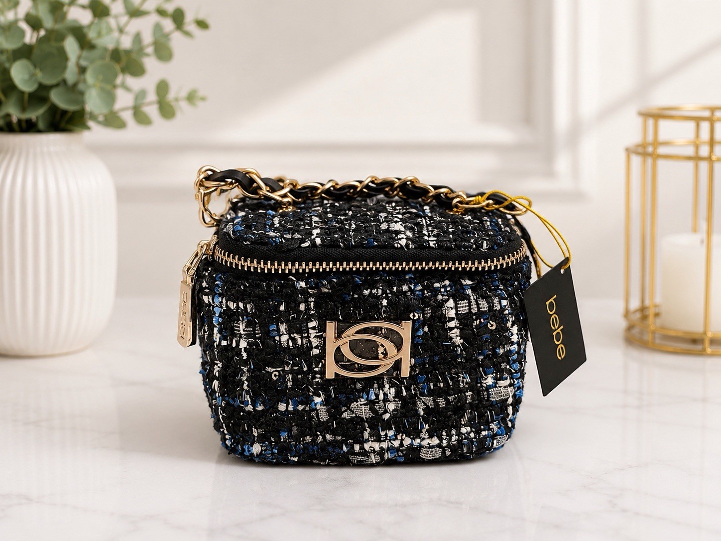 Bebe Kamala Mini Tweed Crossbody NWT Black Blue Gold Chain Bag Chic Old Money