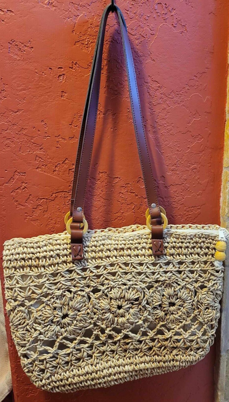 Vintage WAVES By Tandem Bags Boho Wicker Straw Summer Beach Bag Tote Carryall