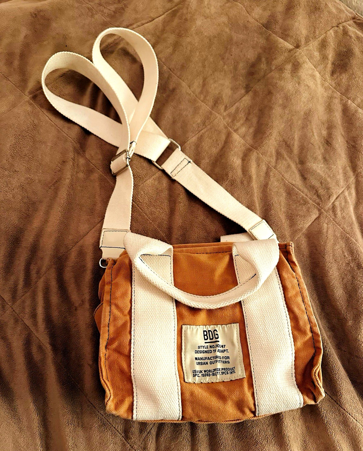 BDG Brown & White Small Crossbody Bag, Zip Closure, Adjustable Strap, Logo