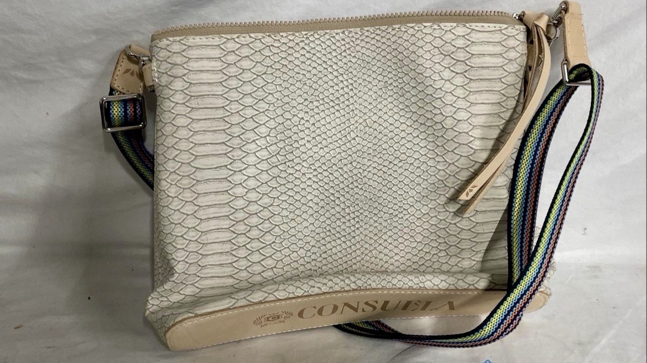 Consuela Beige Embossed Snake Crossbody Zip Bag, Multicolor Strap Initials