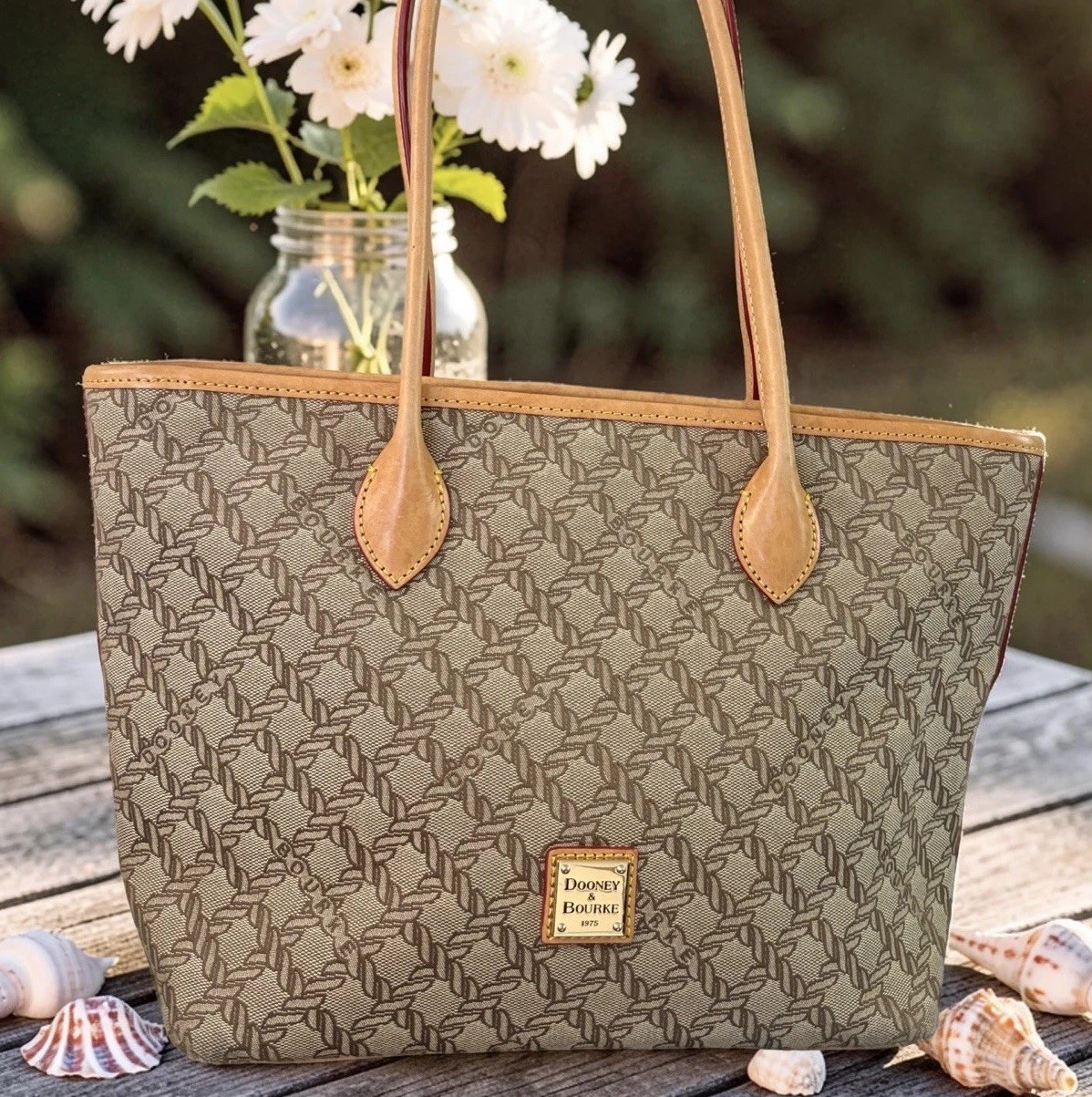 Dooney Bourke Brown Beige Maritime Rope Nautical Coastal Vacchetta Leather Tote