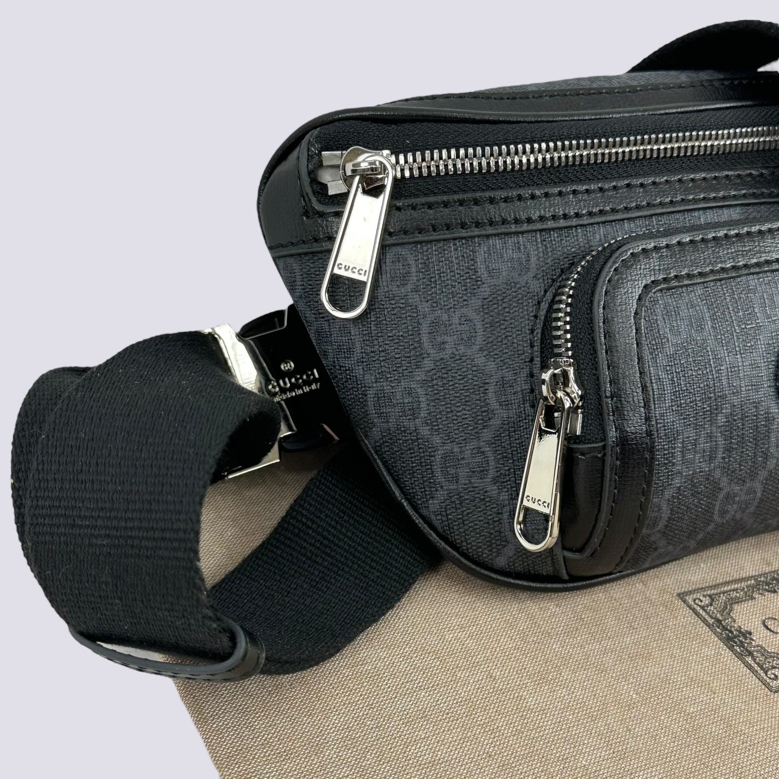 Gucci GG Monogram Interlocking G Canvas Leather Crossbody Belt Bag Black 682933