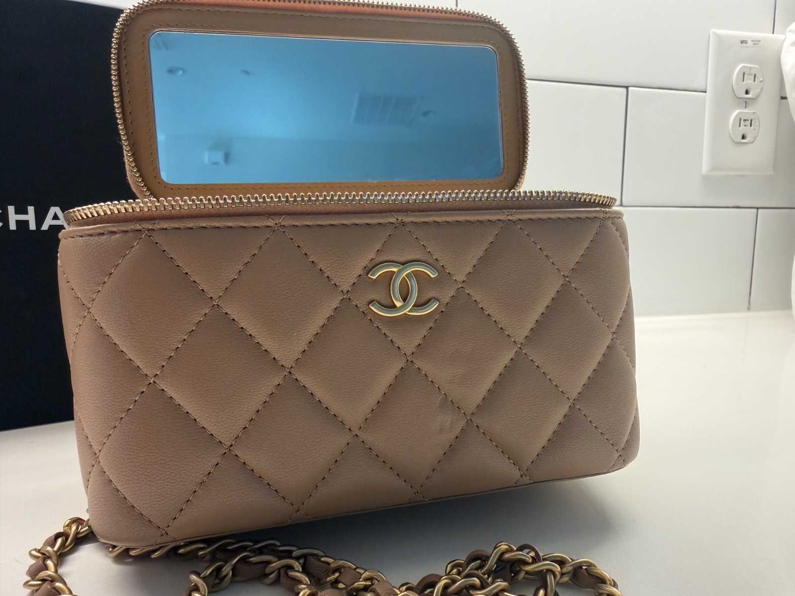 CHANEL Quilted Taupe Leather Vanity Crossbody with top handle and Gold Chain