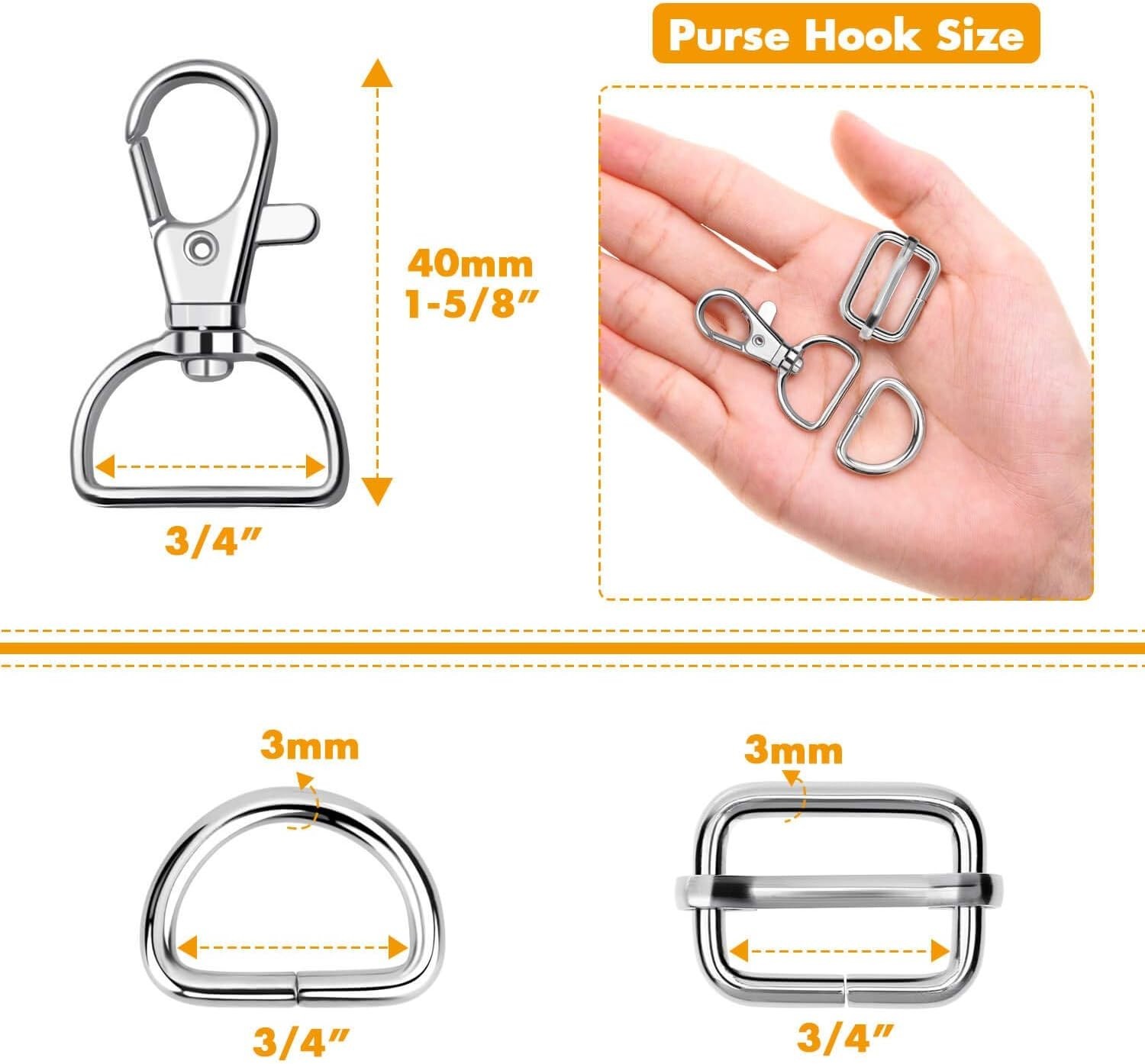 50pcs Purse Hardware Set: Swivel Hooks, D Rings & Slides for Crafts