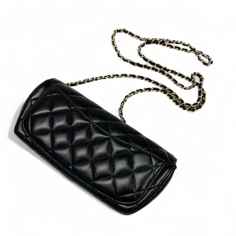 CHANEL Lambskin Shoulder Bag Black Gold Hardware Coco Mark 19cm x 9cm