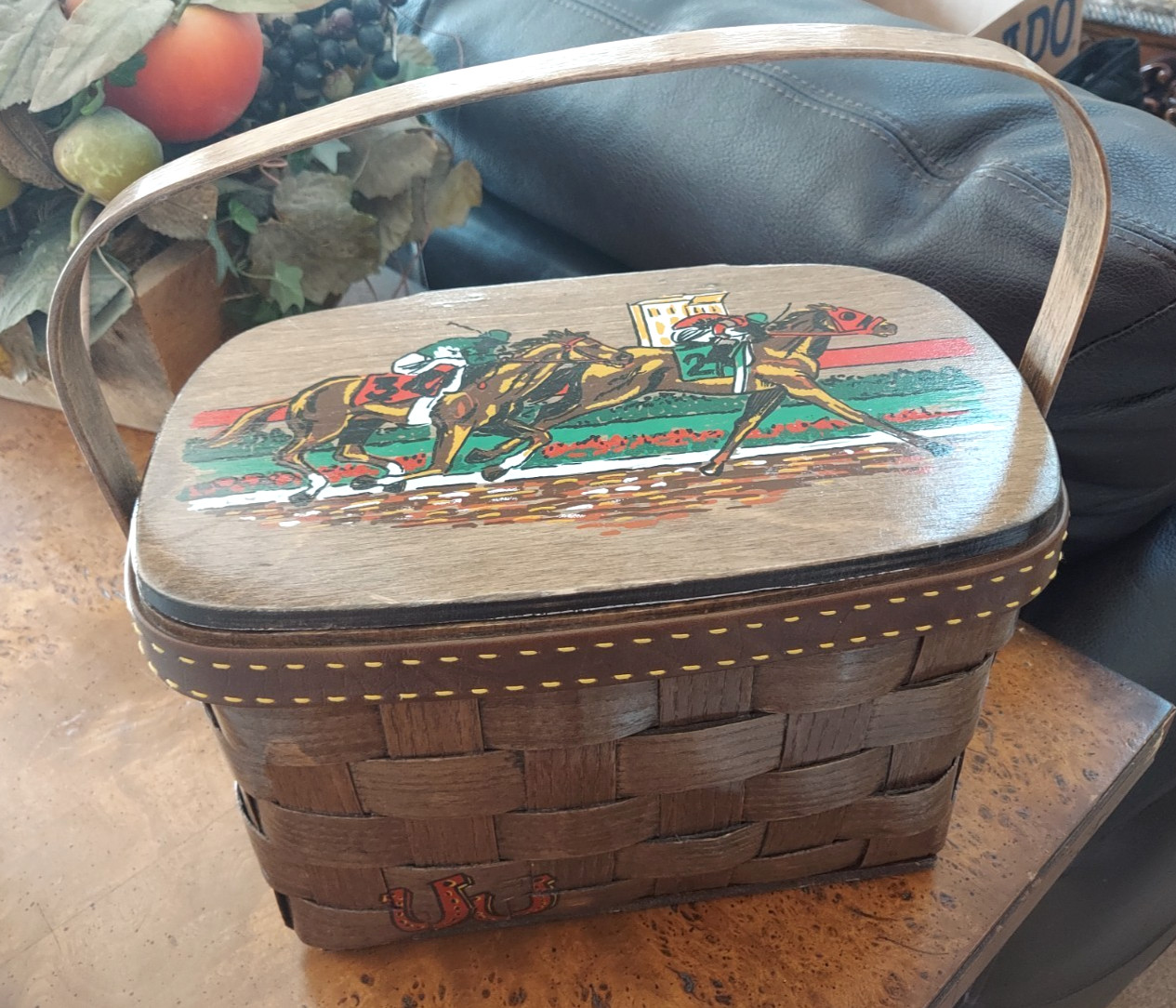 Signed Caro Nan Wood Basket Purse ~ Horse Racing Theme for Hershey Country Club
