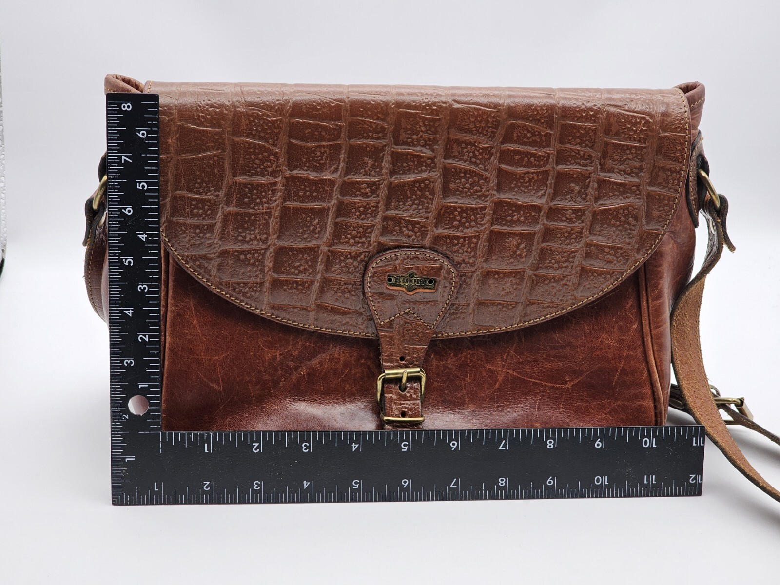 Vintage 80s El Campero Croc Embossed Brown Leather Fold Over Bag Satchel Strap