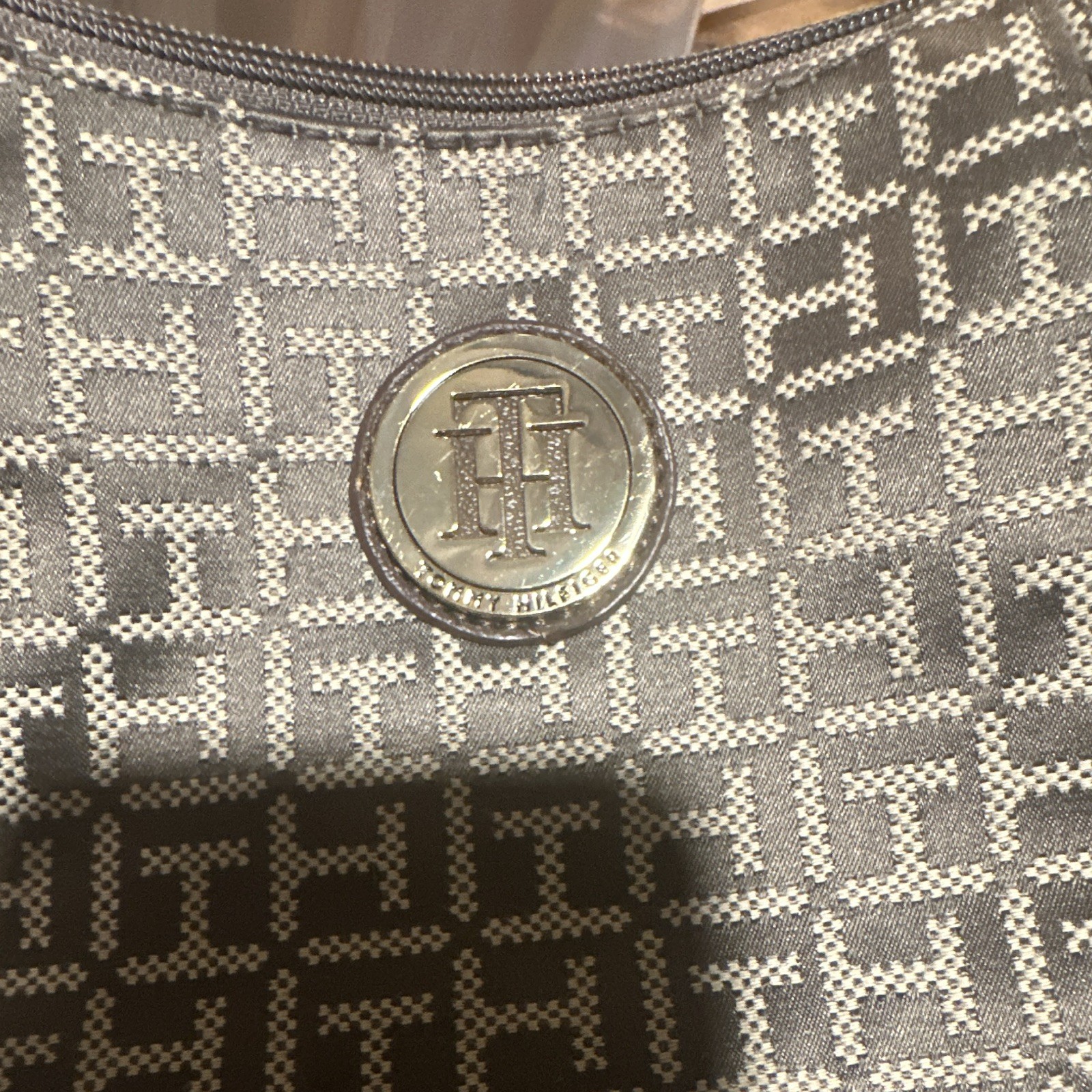 Tommy Hilfiger Monogram Shoulder Bag Brown/Beige Zip Closure