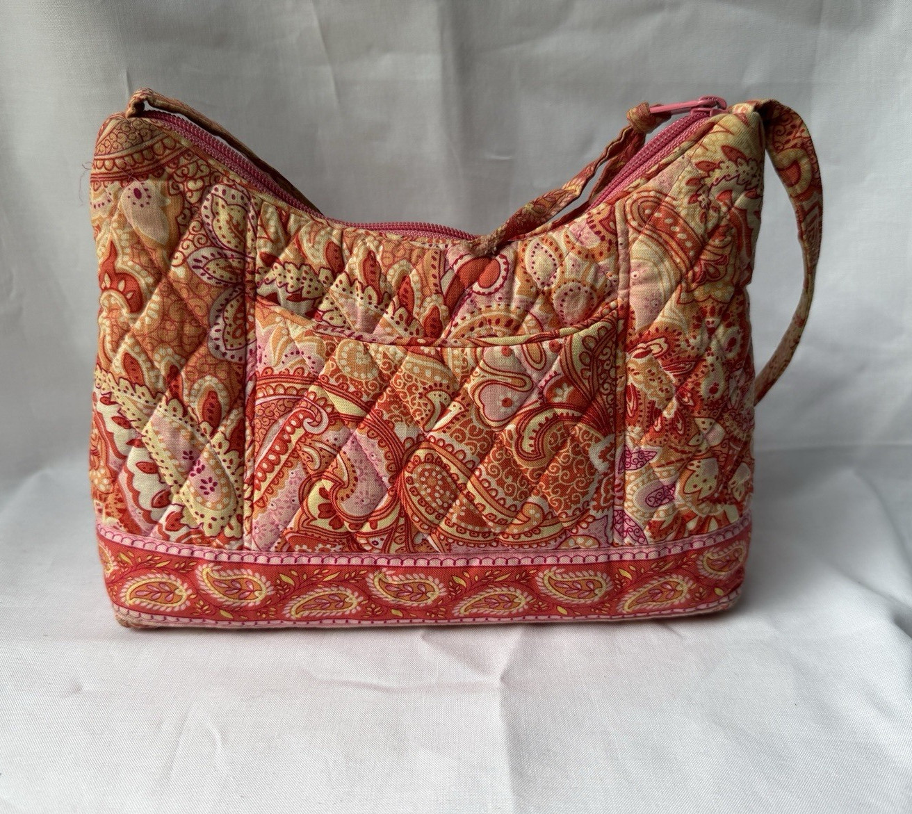 Vera Bradley Small Paisley Floral Shoulder Bag Pink Orange Beige Zip Top