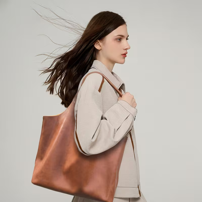 Tote Bag Women Brown Faux Leather Hangbag Shopper Shoulder Medium Size Capacity