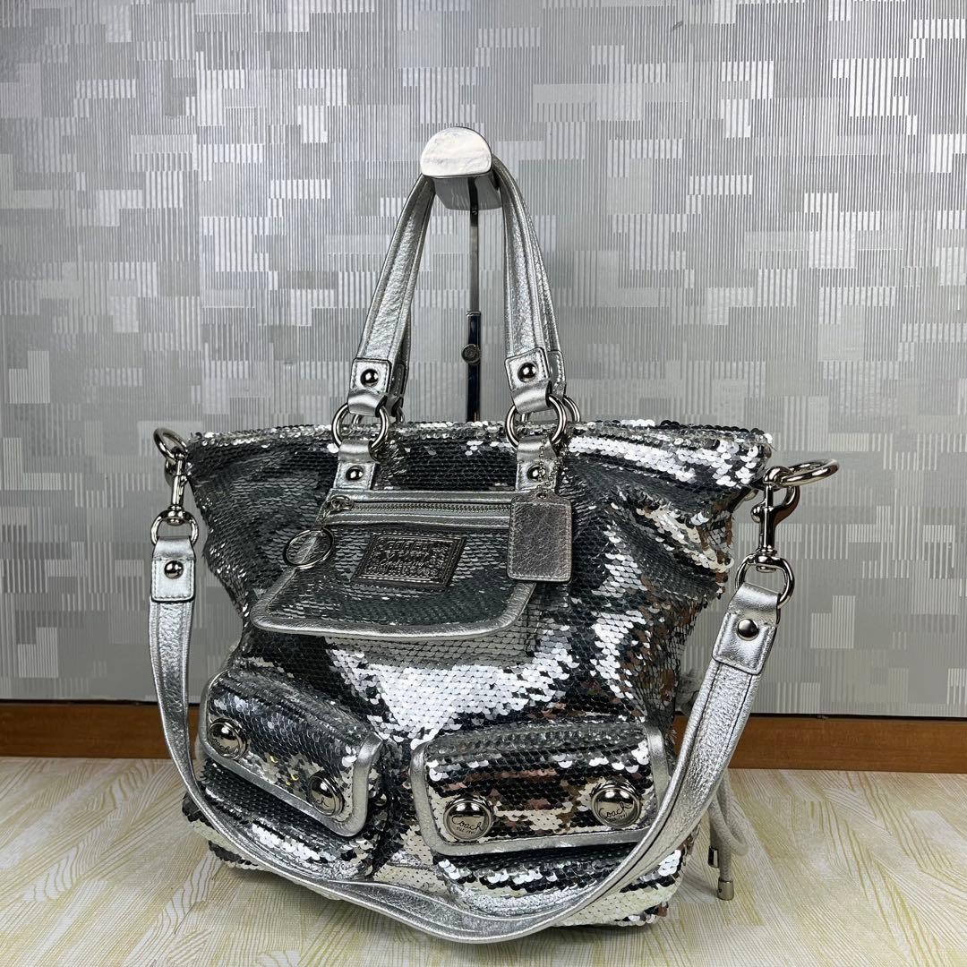 Coach Silver Sequin Poppy 2Way Handbag Metallic Tote Crossbody Authentic