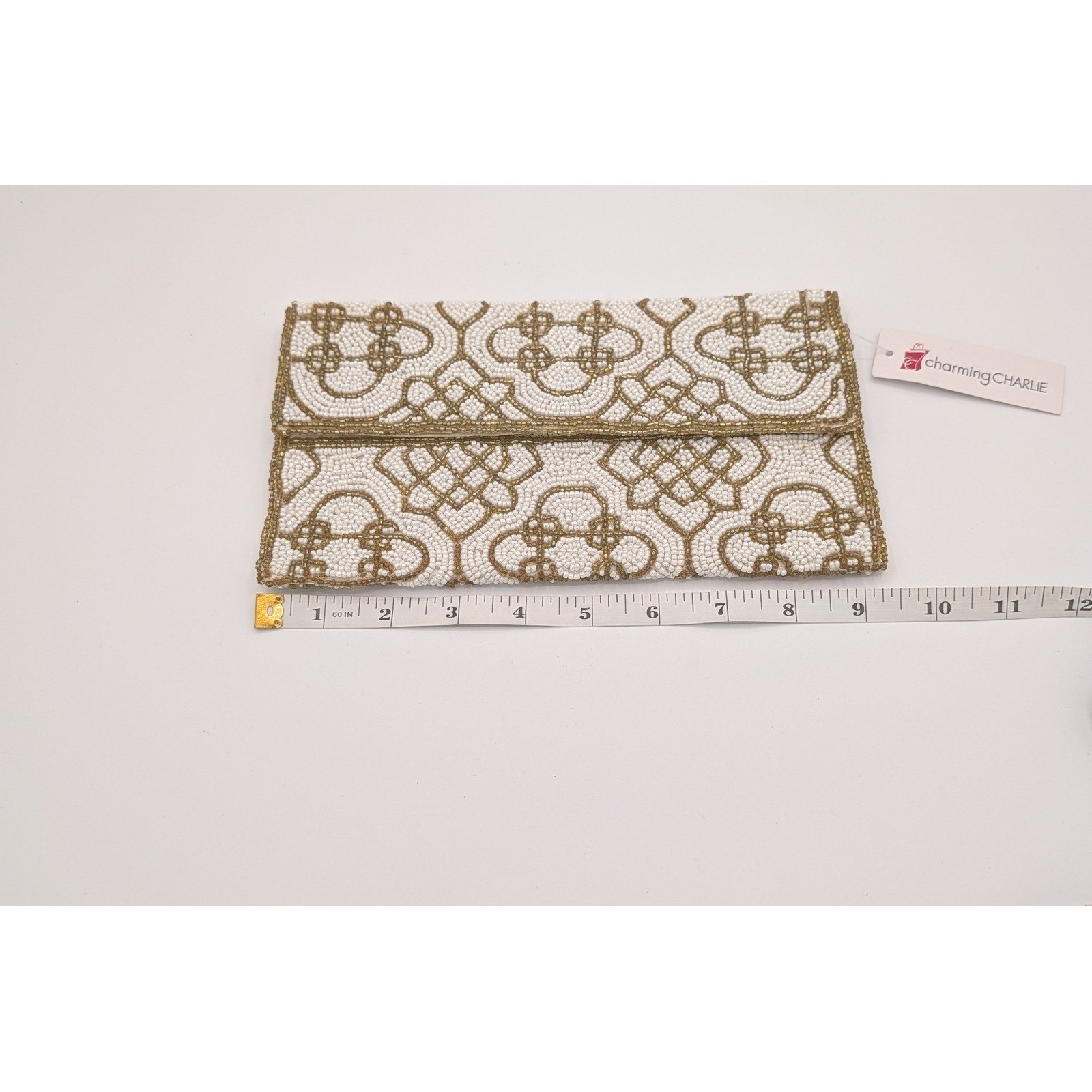 Charming Charlie Beaded Clutch White Gold Geometric Lattice Evening Bag NWT