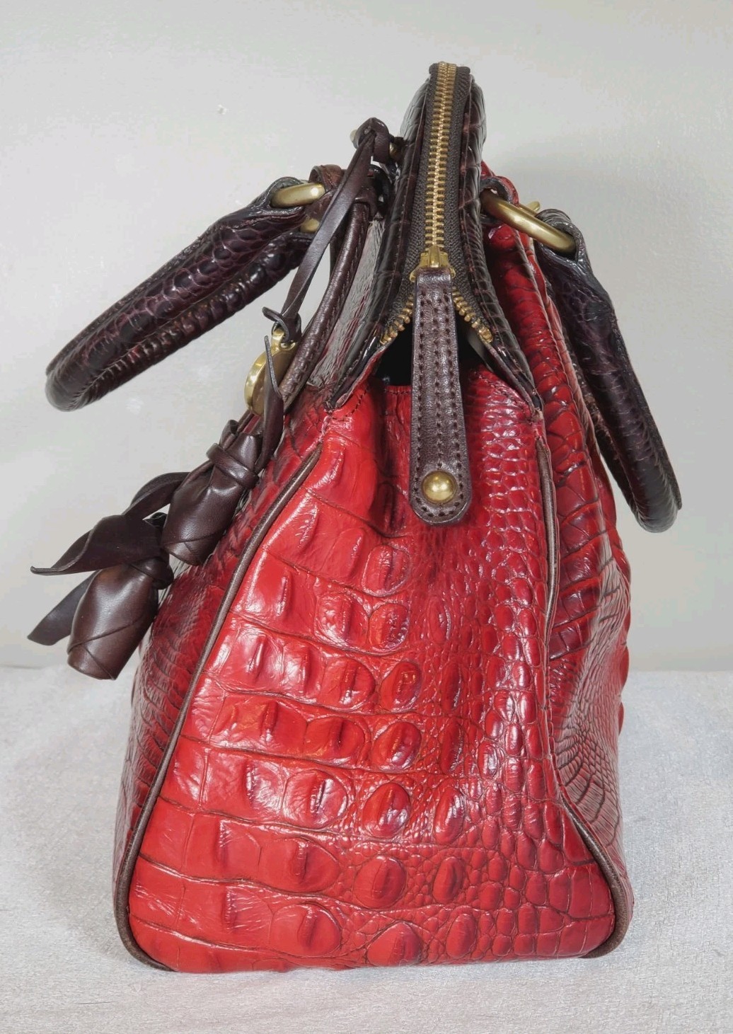 VTG Brahmin Sara Rose Ruby Red & Cocoa Brown Melbourne Leather Handbag Tasseled