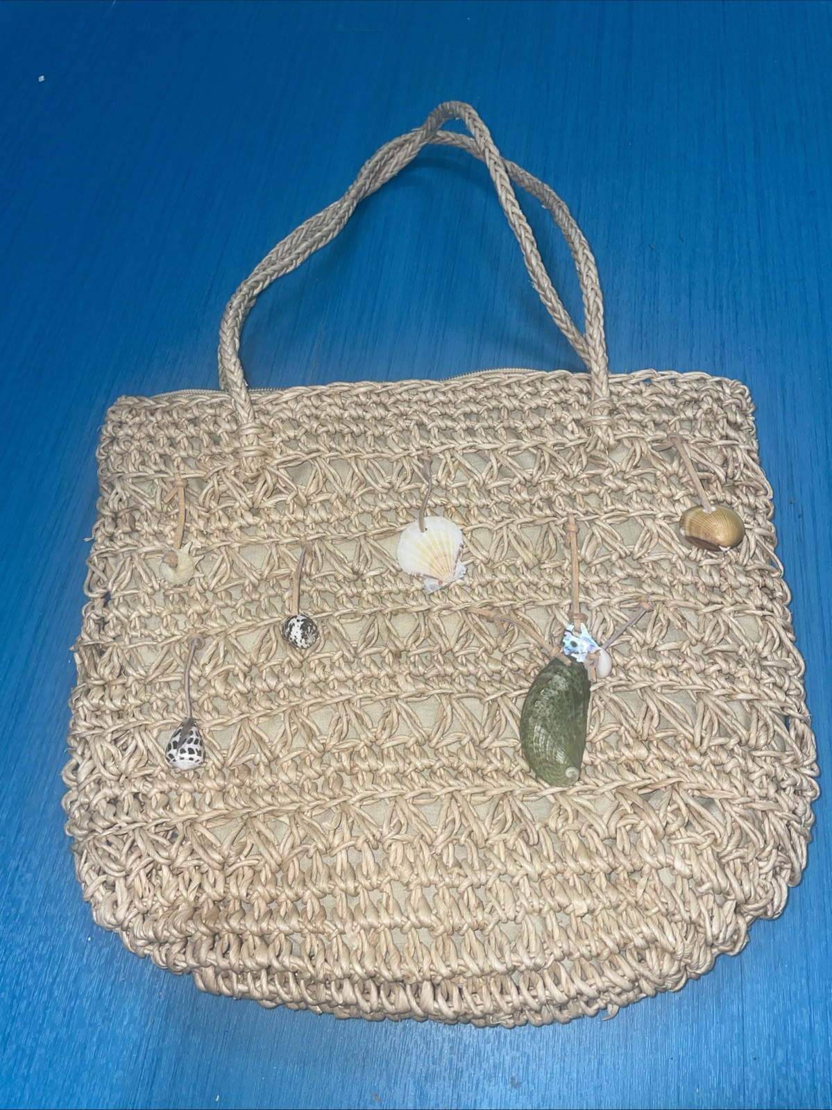 Vtg Straw Rattan Woven Weave Handbag W/Shells Boho Chic Vacation Beach Purse