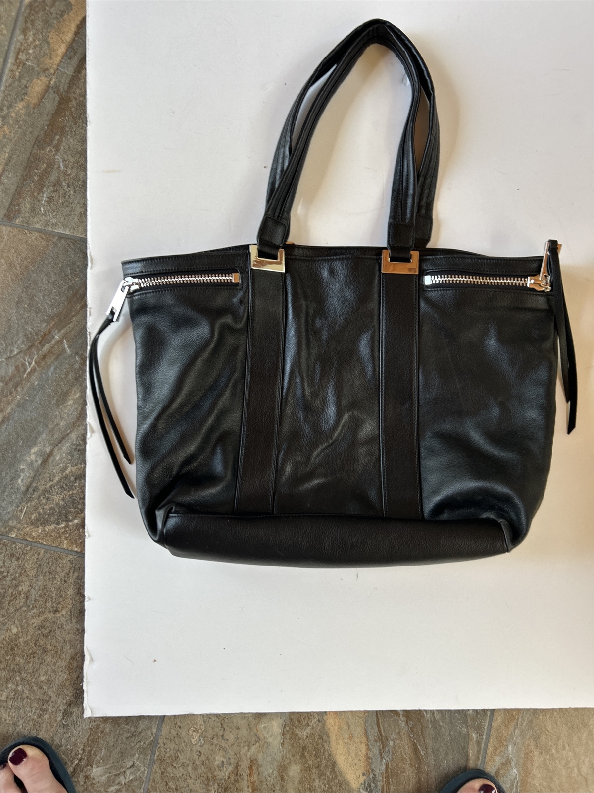 Linea Pelle Black Leather shoulder Double zipper Front Handbag
