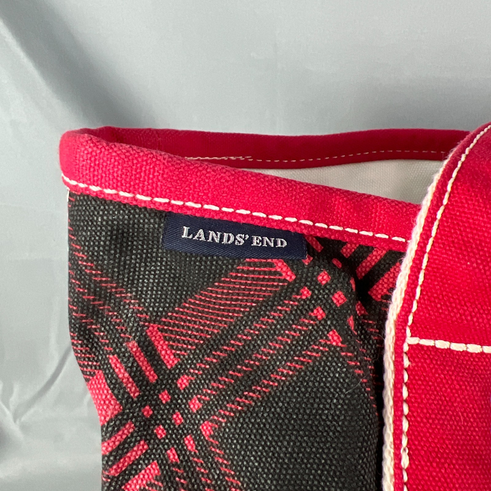 Lands’ End Canvas Tote Bag Womens Black Red Plaid Cotton Double Handle Travel