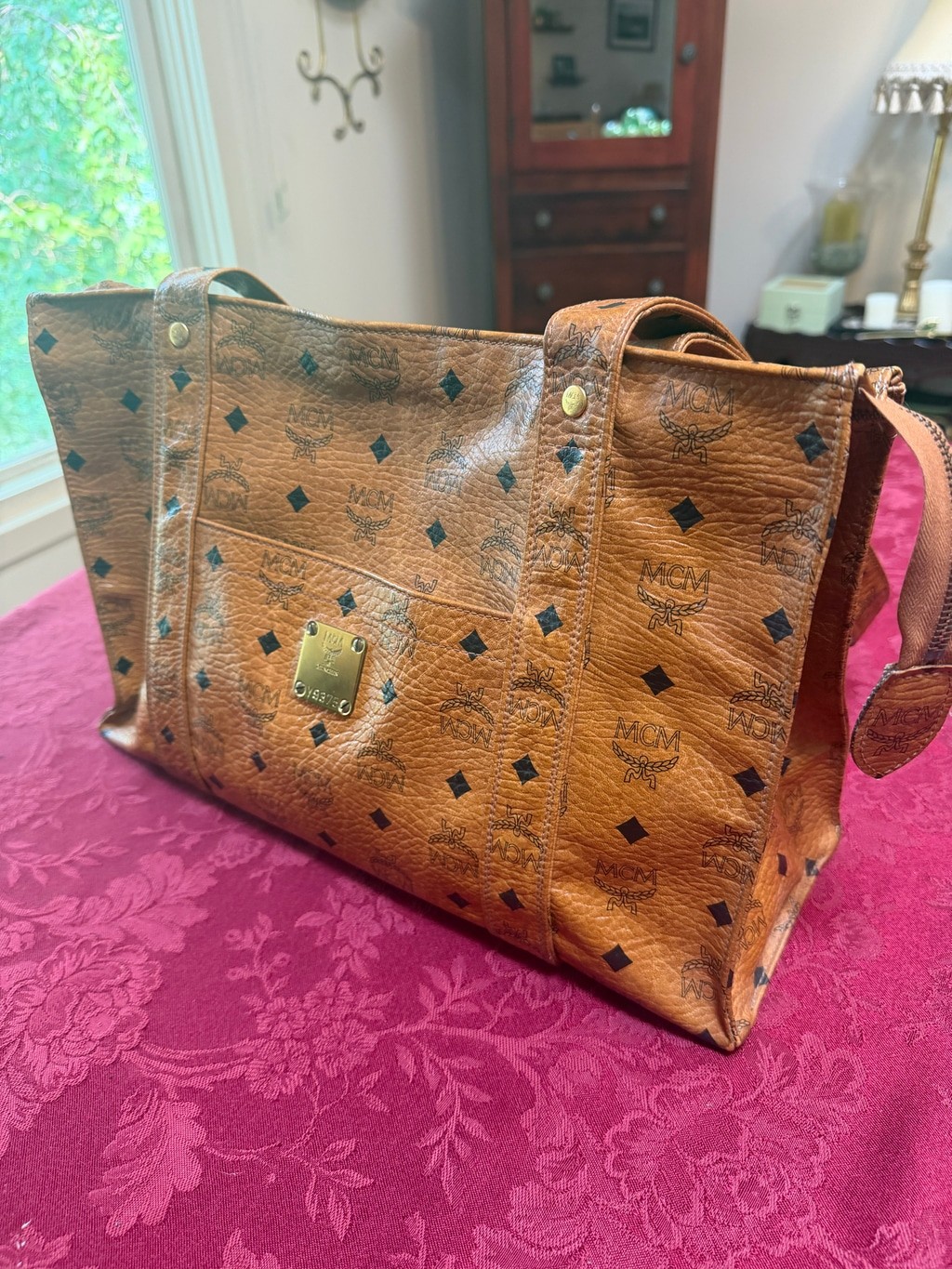 MCM Brown and Black Visetos Logo Rectangular Large Zip Tote