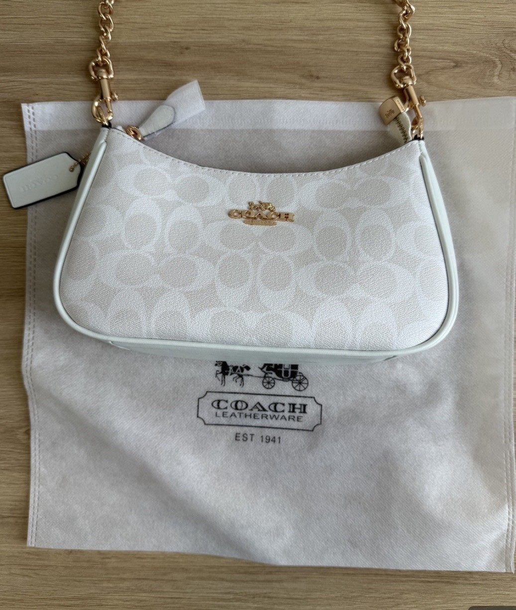 Coach White Logo Shoulder Bag Gold Hardware Zip Closure Shoulder Strap Card