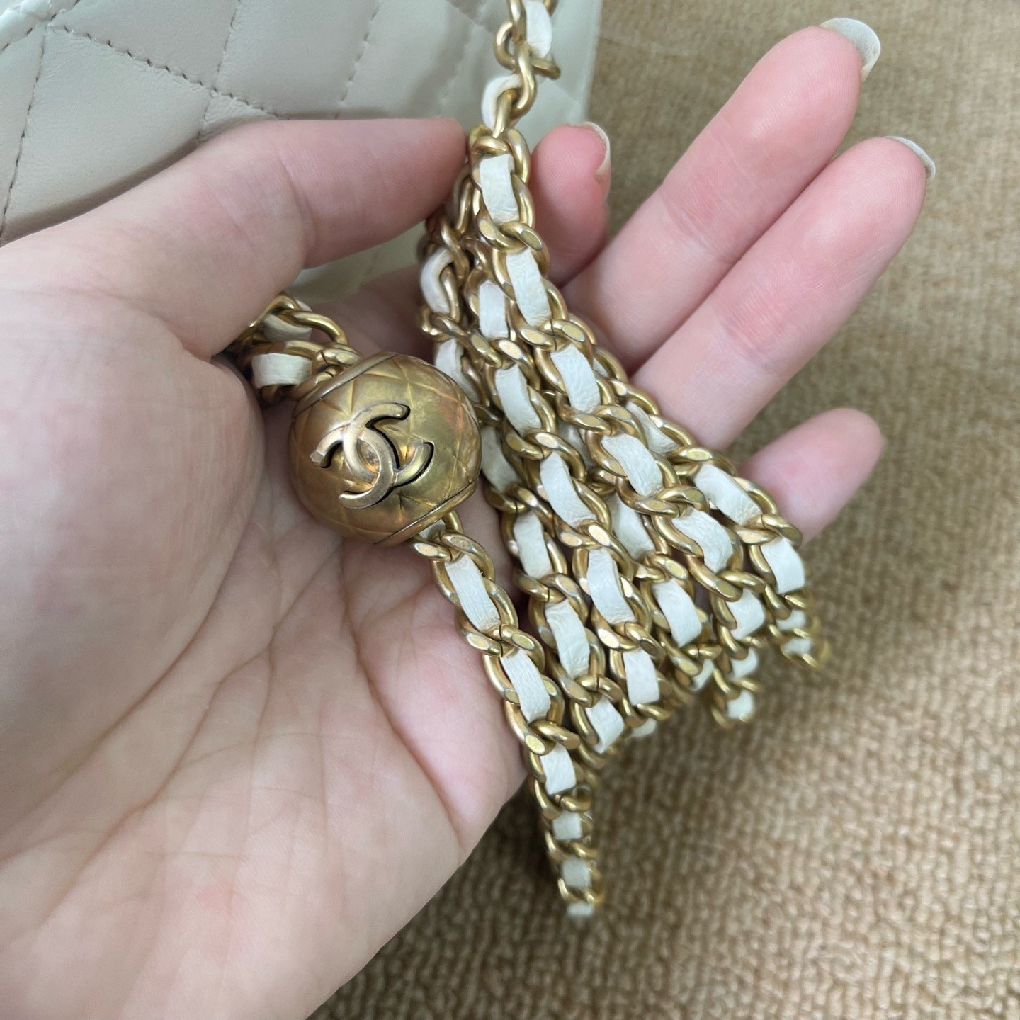Chanel Vanity Case White Leather Adjustable Gold Ball Chain Bag [Duties Paid]