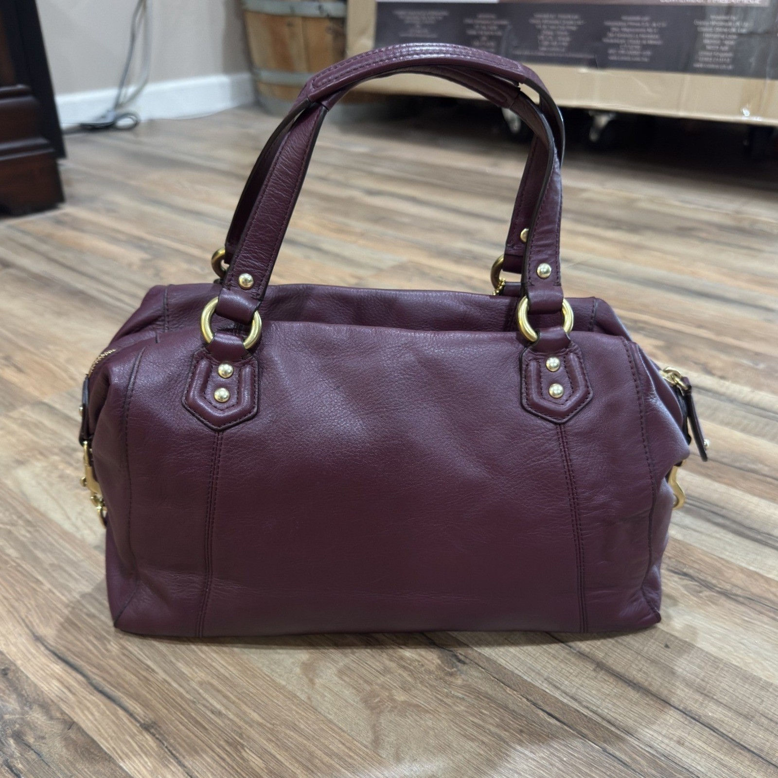 Coach Burgundy Pebbled Leather Satchel Shoulder Bag Gold Hardware Buckle Detail