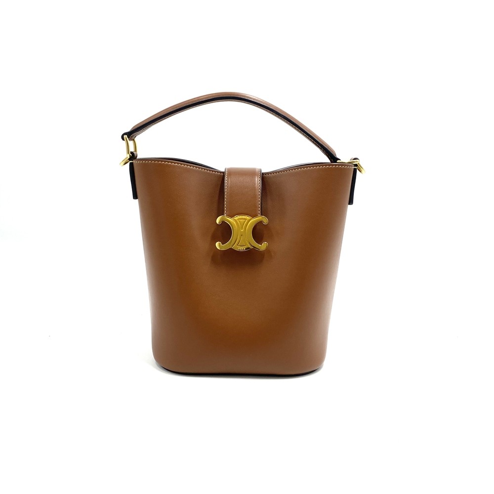 AUTH Celine Triomphe Small Tan Calfskin Bucket Bag Gold Tone Hardware