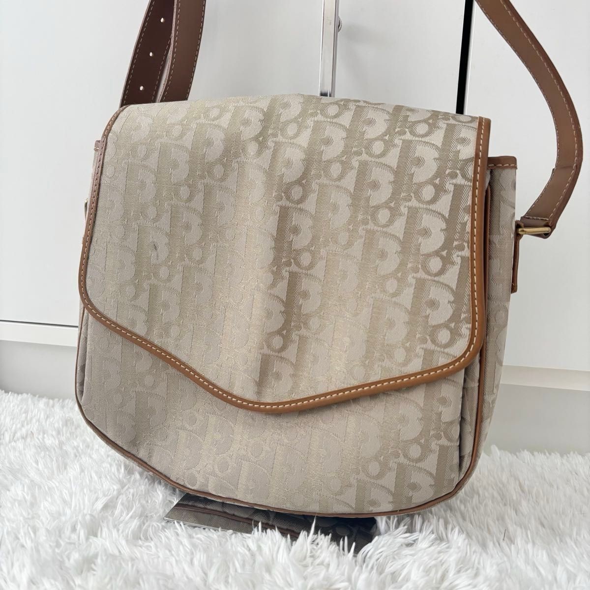 Christian Dior Good Condition Dior Trotter Pattern Shoulder Bag Beige x Brown Al