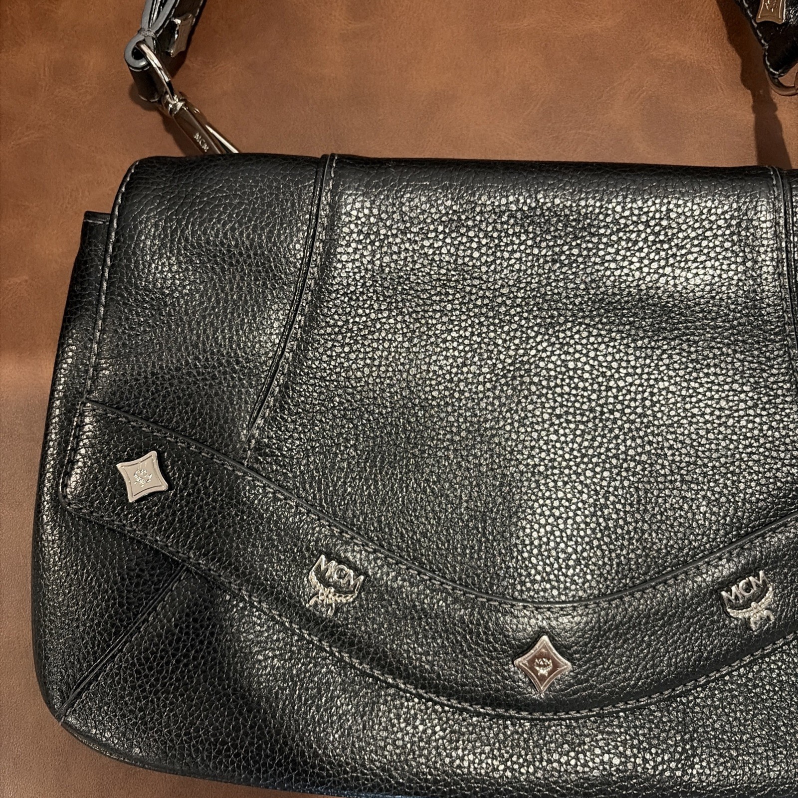 Black MCM shoulder Bag studded logo accents Silver Neutral Lux Pebbled Leather