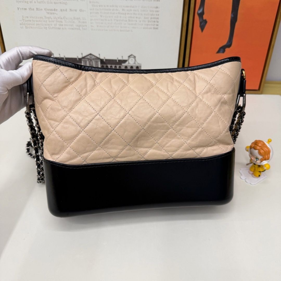 Chanel Gabrielle Medium Beige Black Calfskin Mixed Hardware Hobo Crossbody Bag