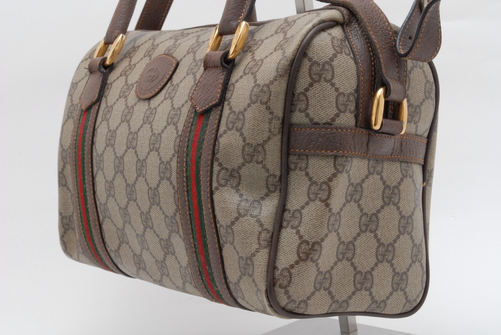 Gucci GG Supreme Web Stripe 2Way Boston Bag PVC Leather Shoulder Bag Beige