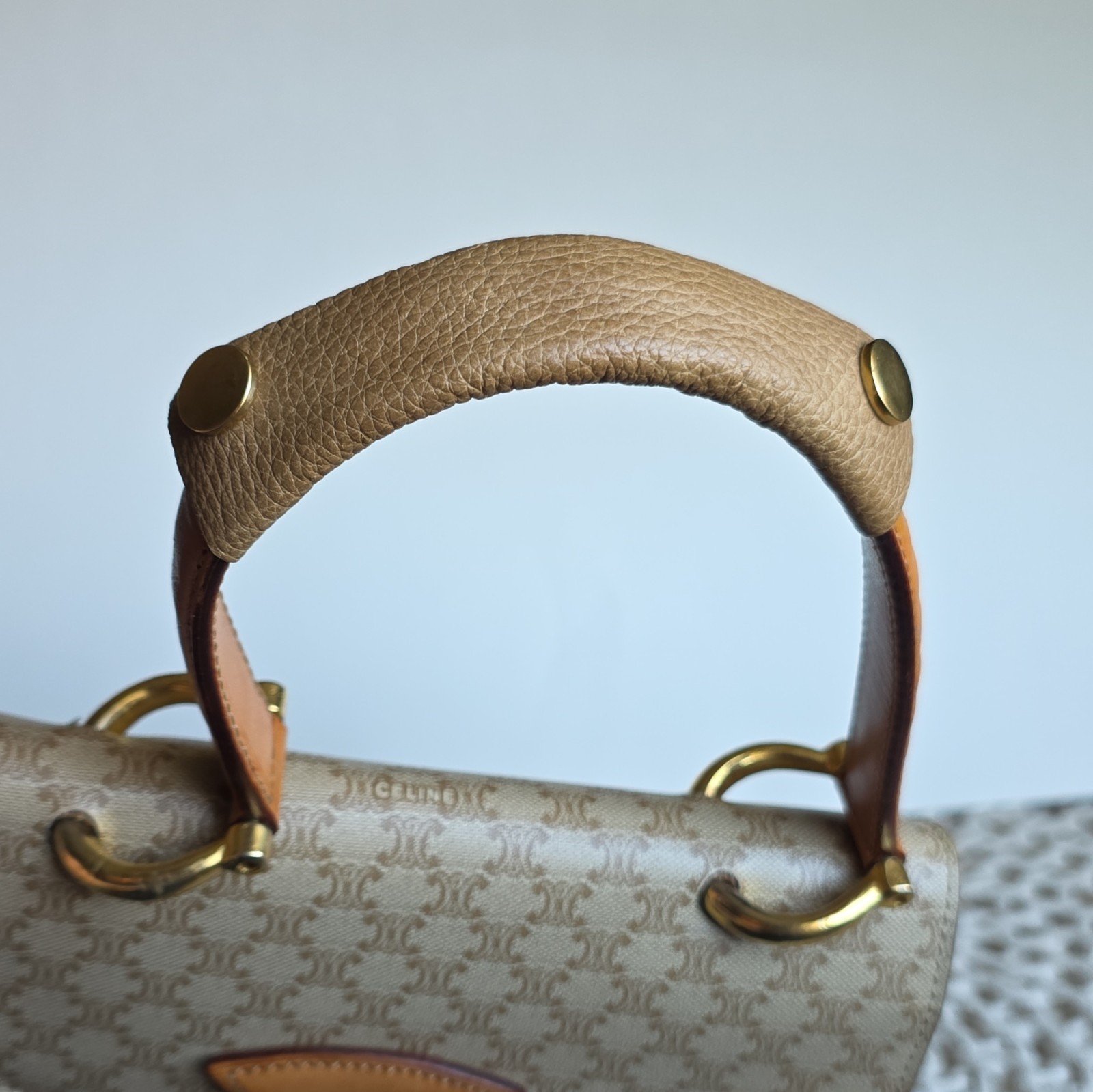 CELINE vintage Macadam Triomphe Beige Brown Top Handle Satchel Gold Hardware