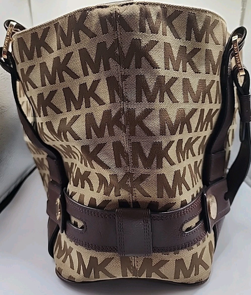 Michael Kors Signature Beige & Brown Harness Large Shoulder Bag