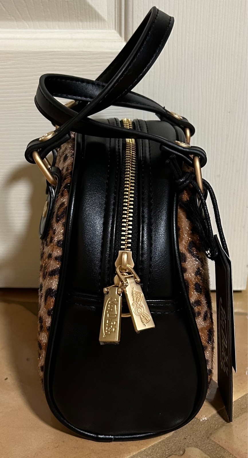 VON DUTCH Brown LEOPARD Black TRIM Calf HAIR Small BOWLER Crossbody BAG NWT