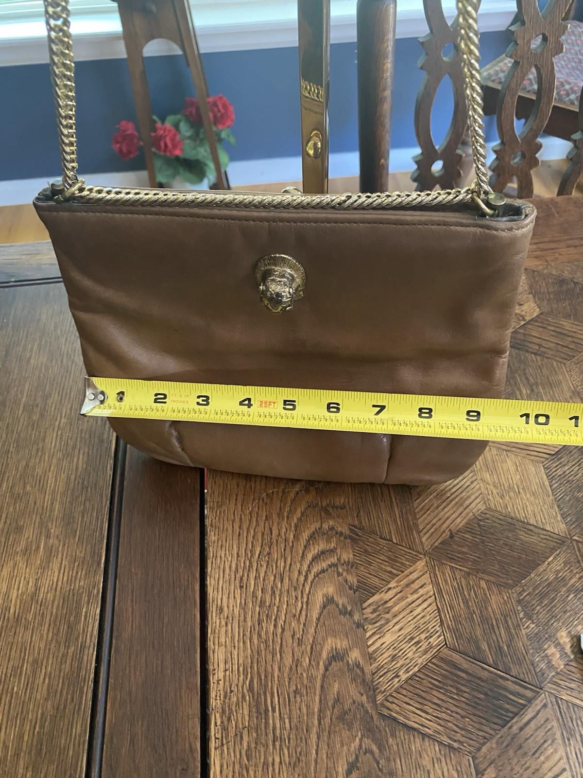 VTG Ruth Saltz Brown Shoulder Bag Lion Head Gold Chain Strap Snap Closure
