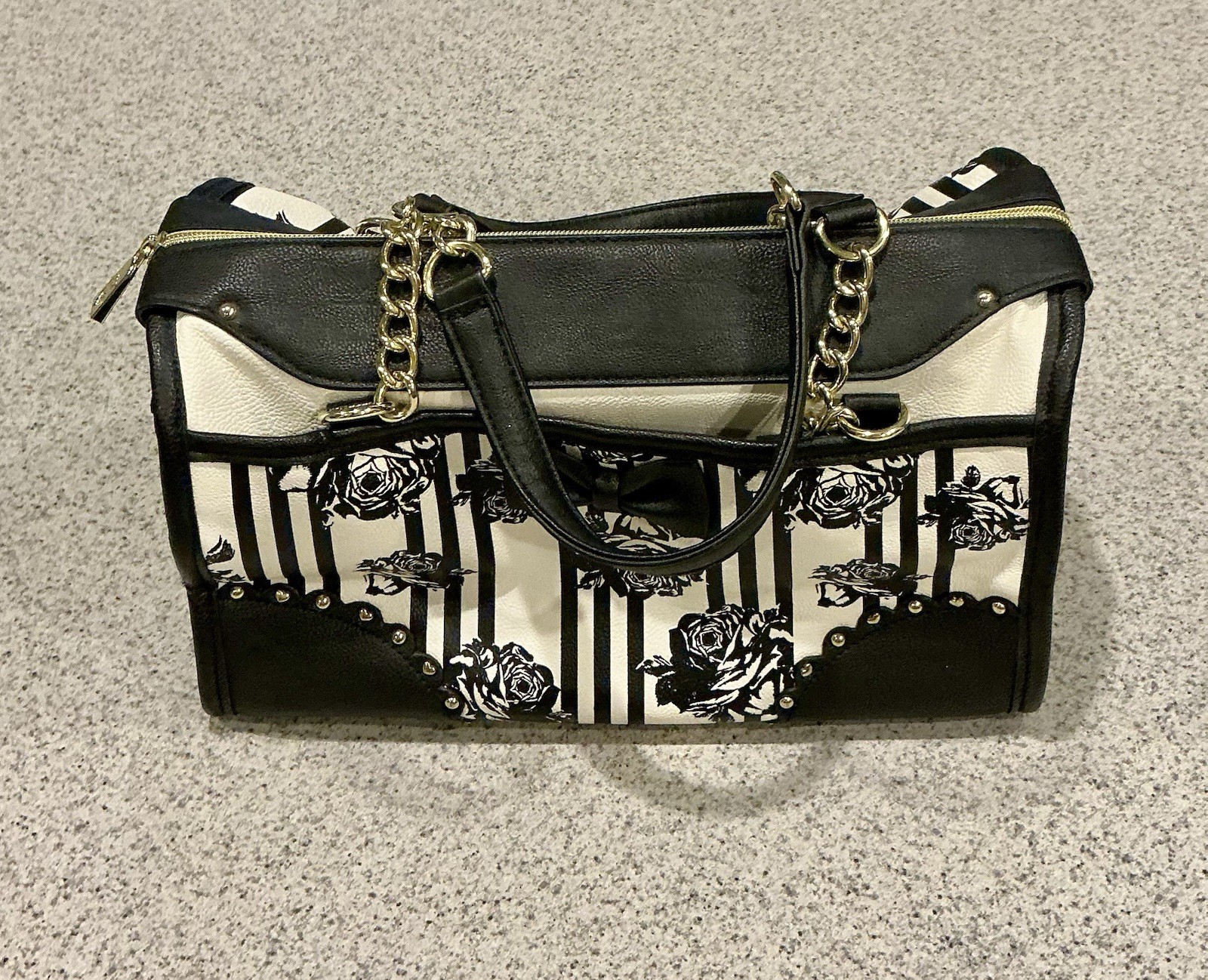 Betsey Johnson Purse Black Rose White Striped With A Bow + Necklace & Earrings