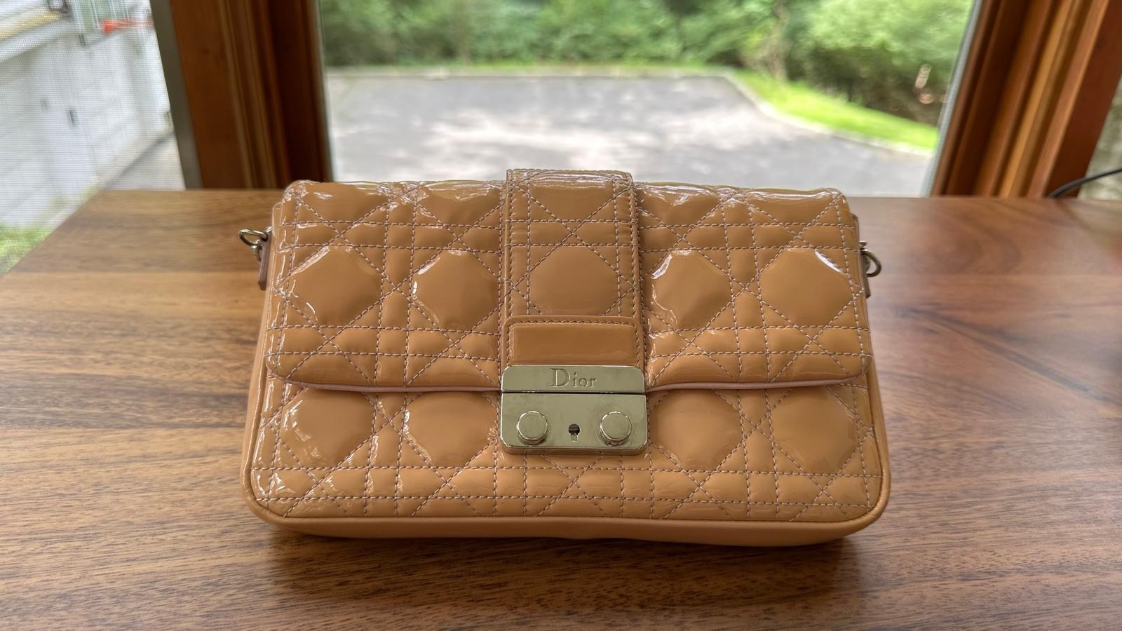 Christian Dior Light Pink Beige Patent Cannage Promenade Wallet On Chain Clutch