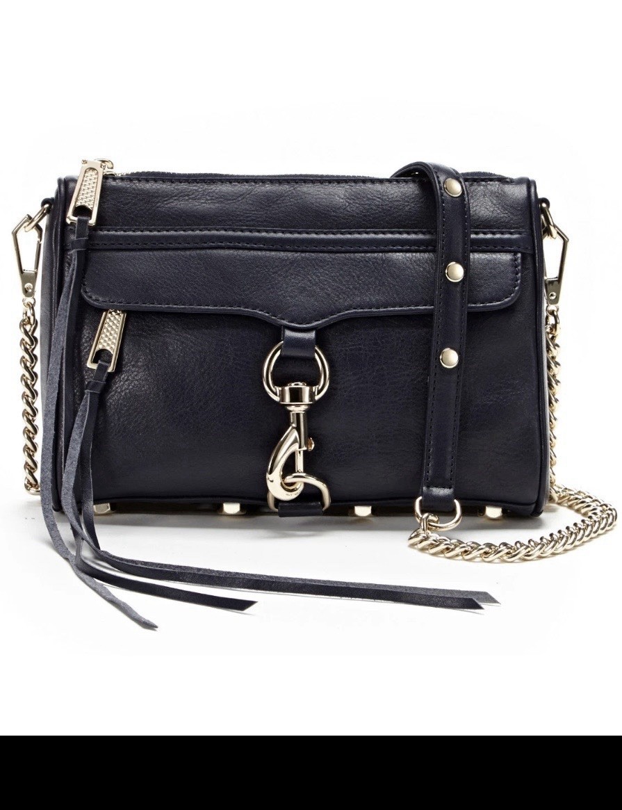 Rebecca Minkoff Mini MAC Crossbody Black Pebbled Leather Gold Chain Tassel Bag