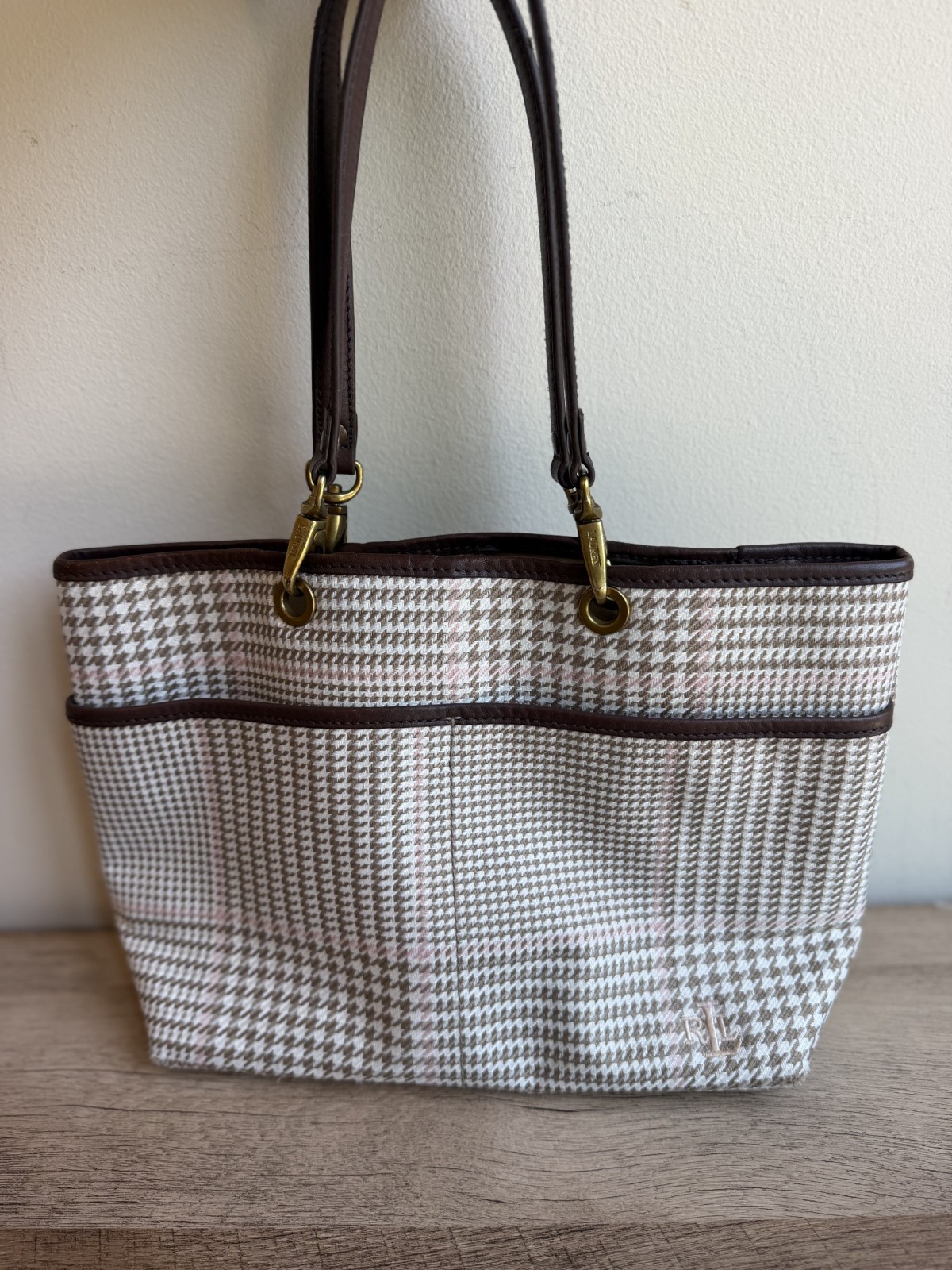Lauren Ralph Lauren Plaid Houndstooth Tote Shoulder Bag Brown Leather Trim